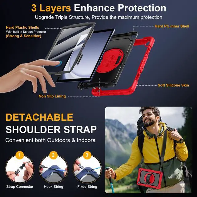 Alt view image 5 of 5 - Case for Samsung Galaxy Tab A9+/A9 Plus 11 Inch 2023(SM-X210/X216/X218), Ubearkk Full-Body Drop Protection Case with Screen Protector, 360° Rotating Stand and Hand/Shoulder Strap, Red