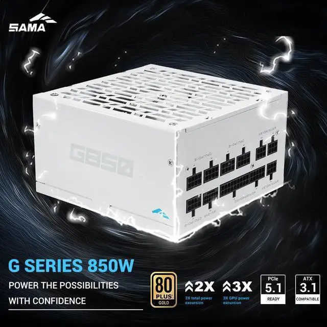Alt view image 2 of 5 - SAMA G850 850W Full Modular Power Supply  80 Plus Gold Certified | ATX 3.1 & PCIe 5.1 Ready | 12V-2x6 GPU Power, Fanless ECO Mode, Fully Modular, Japanese Capacitors  Compact PSU  White