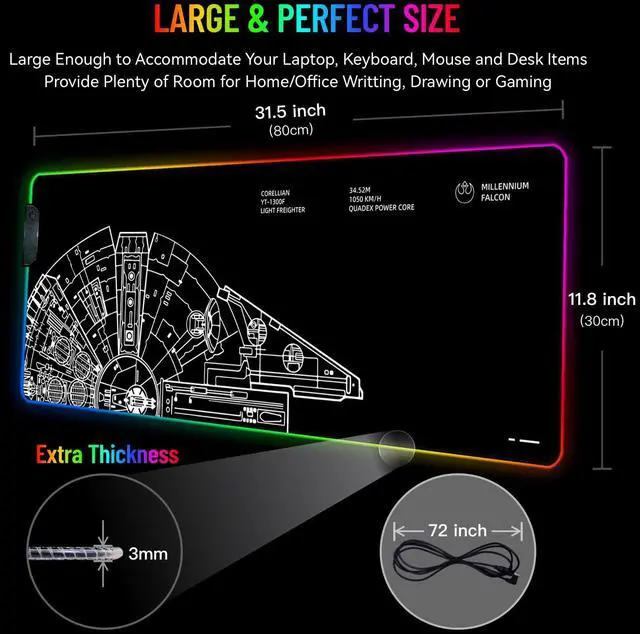 Alt view image 2 of 5 - Stanoha RGB Mousepad LED Desk Mat Gaming Large Keyboard Cute Desktop Computer Laptop 14 Light XXL Long Giant Big Cool Modern Design Unique for Men Boys Gamer Oversized Wide 30x12'' Mousepad, Wars