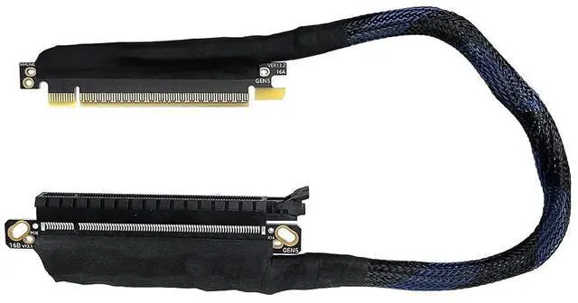 Main image of JMT 180 Degree 64GBS PCIE 5.0 X16 Graphics Card Extension Cable GEN5 Braided Mesh Harness Riser for AI Server Graphics Card Bendable GPU Adapter 16AB5 (Right Out Right in,30CM)