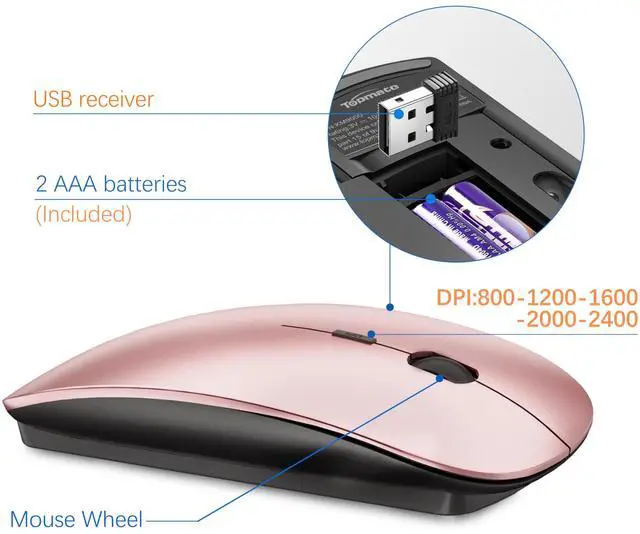 Alt view image 4 of 5 - Wireless Keyboard and Mouse Ultra Slim Combo, TopMate 2.4G Silent Compact USB 2400DPI Mouse and Scissor Switch Keyboard Set with Cover, Batteries Included, for PC/Laptop/Windows/Mac - Rose Gold Black