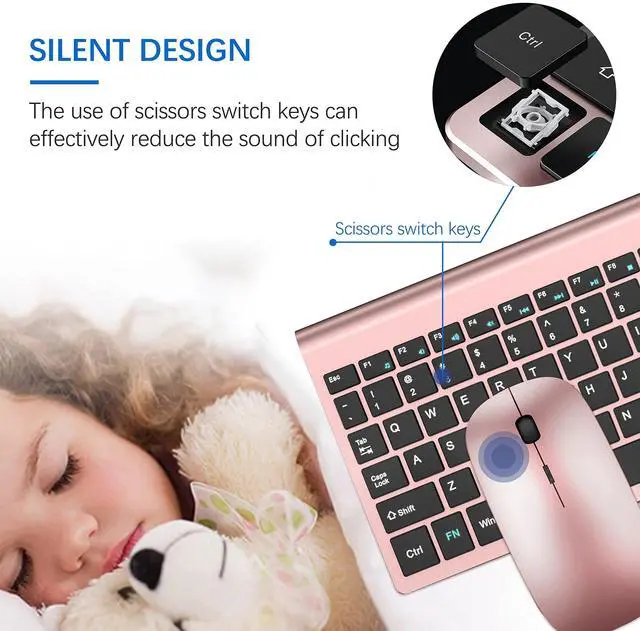 Alt view image 2 of 5 - Wireless Keyboard and Mouse Ultra Slim Combo, TopMate 2.4G Silent Compact USB 2400DPI Mouse and Scissor Switch Keyboard Set with Cover, Batteries Included, for PC/Laptop/Windows/Mac - Rose Gold Black