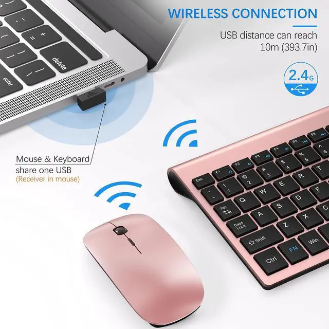 Alt view image 3 of 5 - Wireless Keyboard and Mouse Ultra Slim Combo, TopMate 2.4G Silent Compact USB 2400DPI Mouse and Scissor Switch Keyboard Set with Cover, Batteries Included, for PC/Laptop/Windows/Mac - Rose Gold Black