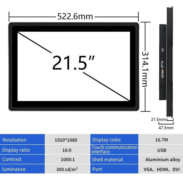 Alt view image 4 of 5 - 21.5-Inch Multi-Point Capacitive Touch Screen Monitor,IP65 Waterproof Panel Industrial Grade Monitor, with HDMI/VGA/DVI/USB Interface,1920x1080-16:9
