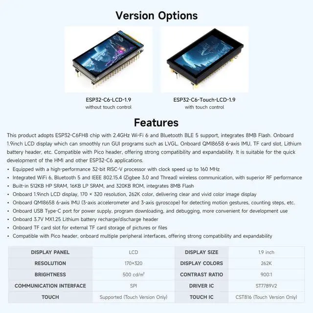Alt view image 4 of 5 - Waveshare ESP32-C6 1.9inch Display Development Board, 170×320 Pixels, 262K Colors, 160MHz RISC-V Single-core Processor, WiFi 6 & Bluetooth, 90° Rotation Support, ESP32 with Display Integration