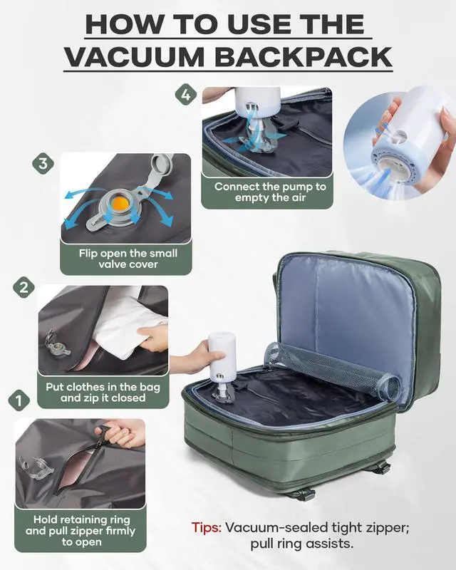 Alt view image 3 of 5 - wepadre Expandable Vacuum Travel Backpack with Pump Travel Backpack with Vacuum System Vacpack Compression Backpacks Easy Vac Pack Carry on Luggage