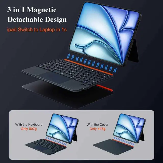 Alt view image 3 of 5 - Keyboard Case for iPad Air 11 inch M3 M2 (2025 2024)&Pro 11,Magnetic Detachable iPad A16 11th/10th Keyboard,Trackpad,Backlit,Quiet Typing,Full Protection for iPad Air 5th/4th Gen 10.9 inch (Black)