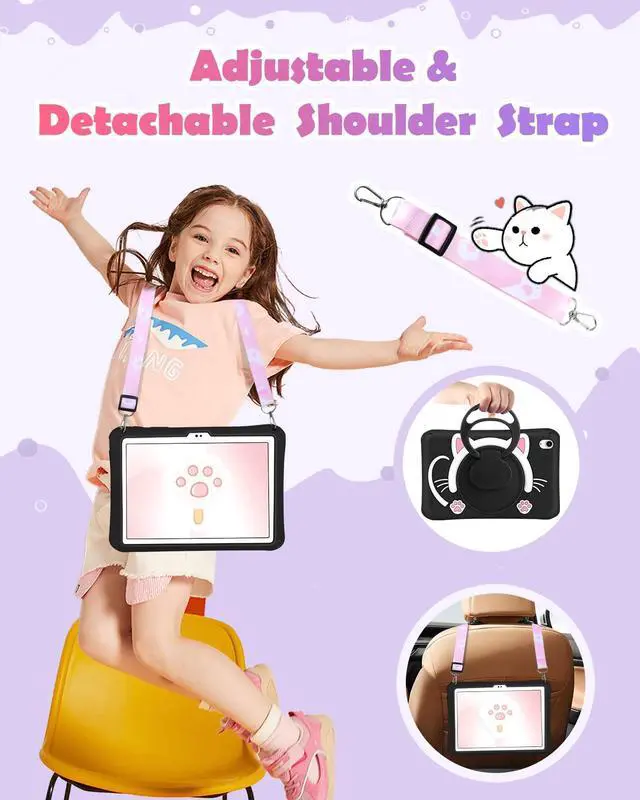 Alt view image 3 of 5 - Wazzasoft for iPad A16 Case/10th Generation Case - Soft Silicone Tablet Cover for iPad 11th 11 Inch/10th 10.9 Inch Girls Women 3D Cartoon Cute Black Cat Kitten with Rotating Stand & Strap