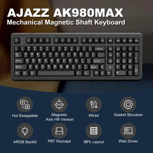 Alt view image 2 of 5 - Ajazz AK980MAX Wired Magnetic Axis Mechanical Keyboard, 98% Hot-Swappable Custom Keyboard with RGB Backlighting, Pre-Lubricated Switches, ABS Keycaps, Suitable for MAC/Win/Visa/PC
