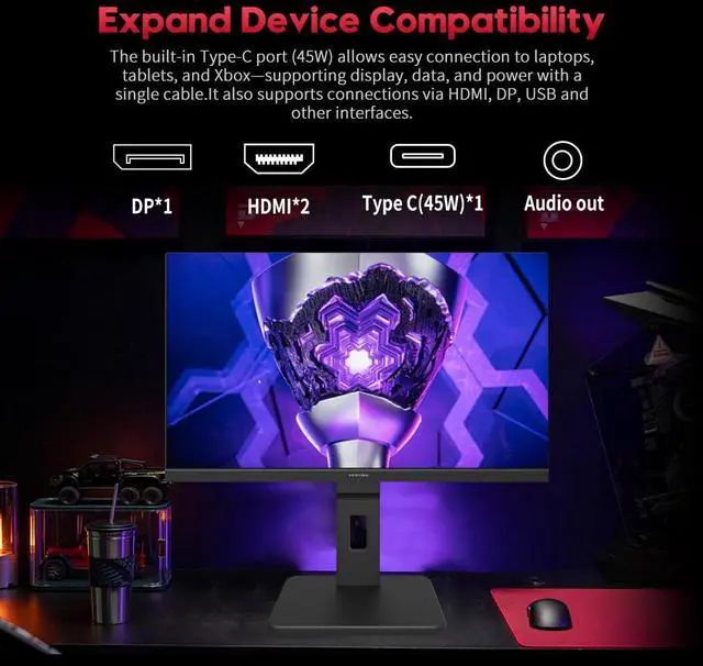 Alt view image 5 of 5 - Viewedge 24 inch 4K 60Hz Computer Monitor, 5ms UHD 2160p IPS Monitor, Type C, HDMI, DP Port, Built-in Speakers, Vertical Monitor Support Wall Mount