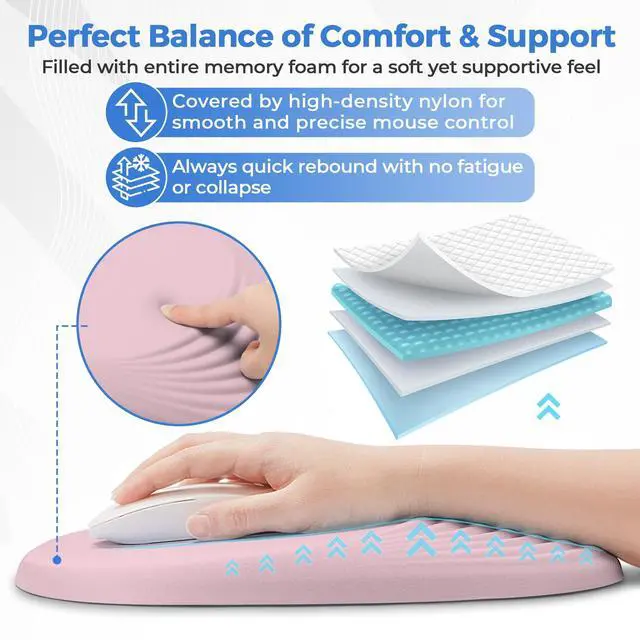 Alt view image 3 of 5 - ORIENWEEDA Ergonomic Mouse Pad with Wrist Support, Comfortable Entire Memory Foam, Wrist Pain Relief and Anti-Slip PU Base, Mousepad for Various Computers, Laptop PC (12x8x1.2inch, Pink)
