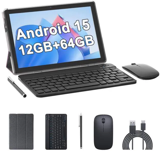 Main image of 10 Inch Tablet Android 15(NOT GO) Tablets with keyboard 64GB ROM+12GB RAM(4+8 expansion) Supports 1TB Expansion 2MP+8MP Dual Camera 6000mAh 5G WiFi6 Tableta, Tablets with Mouse/Case/Stylus/USB-C Cable