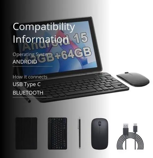 Alt view image 3 of 5 - 10 Inch Tablet Android 15(NOT GO) Tablets with keyboard 64GB ROM+12GB RAM(4+8 expansion) Supports 1TB Expansion 2MP+8MP Dual Camera 6000mAh 5G WiFi6 Tableta, Tablets with Mouse/Case/Stylus/USB-C Cable