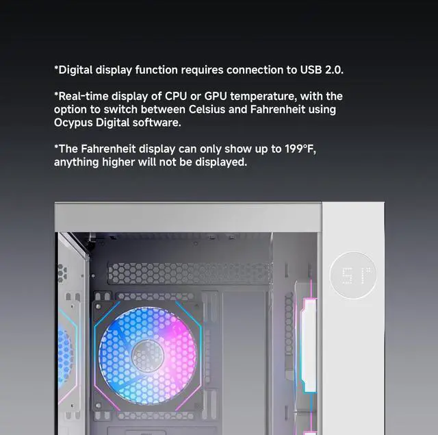 Alt view image 5 of 5 - Iota C70 WH Mid-Tower Computer PC Gaming Case,Pre-Installed 6 ARGB Fans with Fan Hub,Real-Time Temp Digital Display,Large Capacity,Panoramic View,Quick-Release,Heavy Process,Type-C 3.1*1,USB 3.0*2