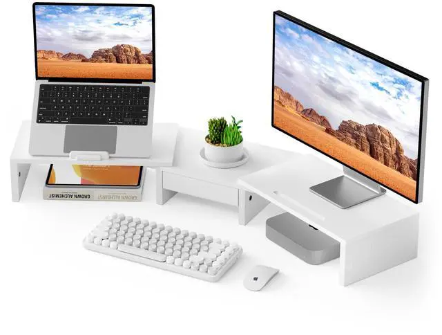 Main image of Dual Monitor Stand Riser - Computer Monitor Stand for 2 MonitorsOffice Desktop OrganizerAdjustable Length and Angle 3 Shelf with Storage Drawer Phone Holder for Monitors and Laptops-White