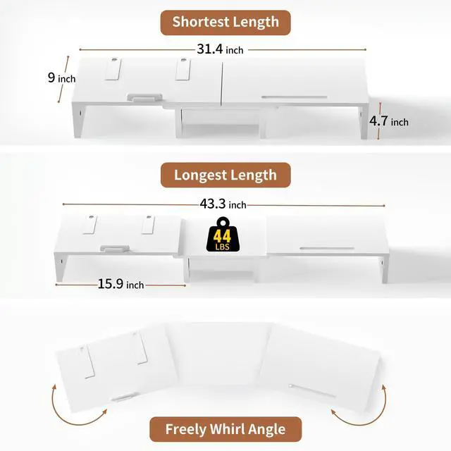 Alt view image 2 of 5 - Dual Monitor Stand Riser - Computer Monitor Stand for 2 MonitorsOffice Desktop OrganizerAdjustable Length and Angle 3 Shelf with Storage Drawer Phone Holder for Monitors and Laptops-White