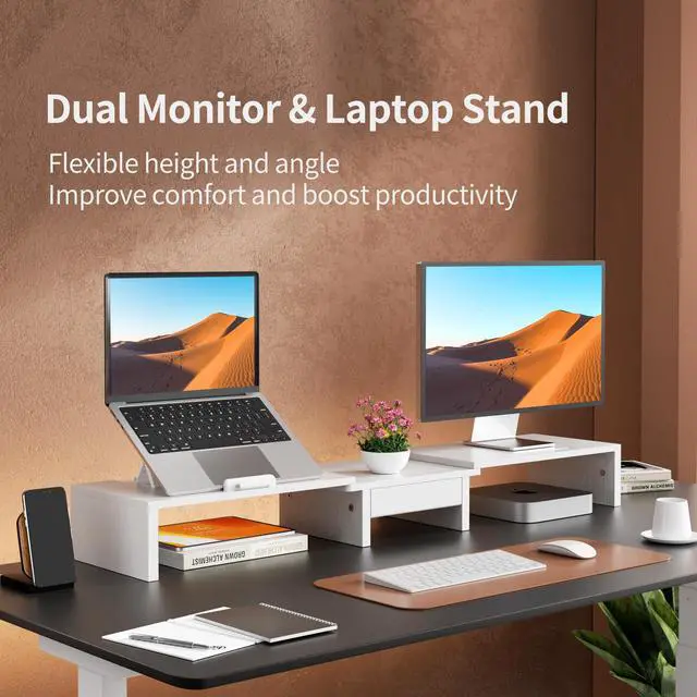 Alt view image 3 of 5 - Dual Monitor Stand Riser - Computer Monitor Stand for 2 MonitorsOffice Desktop OrganizerAdjustable Length and Angle 3 Shelf with Storage Drawer Phone Holder for Monitors and Laptops-White