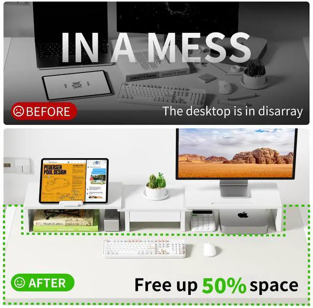 Alt view image 5 of 5 - Dual Monitor Stand Riser - Computer Monitor Stand for 2 MonitorsOffice Desktop OrganizerAdjustable Length and Angle 3 Shelf with Storage Drawer Phone Holder for Monitors and Laptops-White