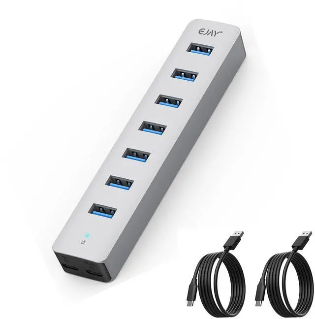Main image of EJAY 7-Port USB 3.0 Hub for PC with Power Adapter, Aluminum USB Splitter 5Gbps Data Transfer, 3.3ft Data & Power Cables for Laptop, Mac, Windows, Linux