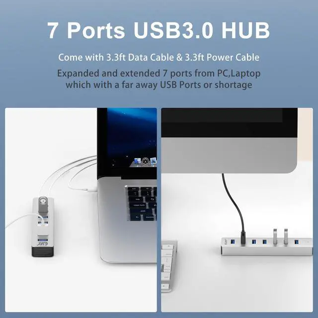 Alt view image 2 of 5 - EJAY 7-Port USB 3.0 Hub for PC with Power Adapter, Aluminum USB Splitter 5Gbps Data Transfer, 3.3ft Data & Power Cables for Laptop, Mac, Windows, Linux