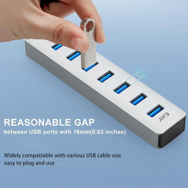 Alt view image 4 of 5 - EJAY 7-Port USB 3.0 Hub for PC with Power Adapter, Aluminum USB Splitter 5Gbps Data Transfer, 3.3ft Data & Power Cables for Laptop, Mac, Windows, Linux