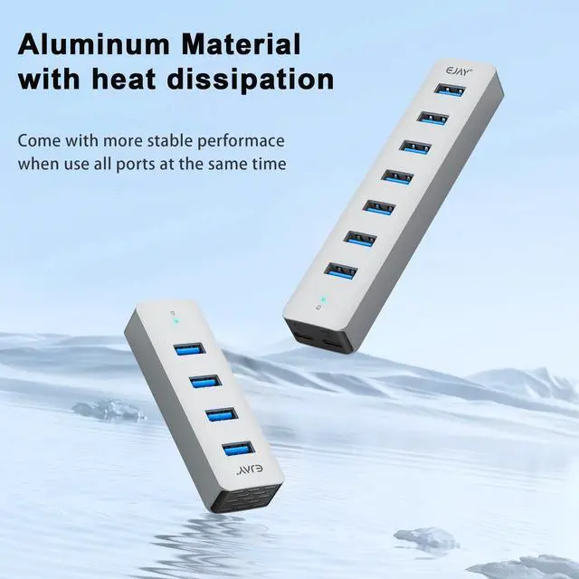 Alt view image 5 of 5 - EJAY 7-Port USB 3.0 Hub for PC with Power Adapter, Aluminum USB Splitter 5Gbps Data Transfer, 3.3ft Data & Power Cables for Laptop, Mac, Windows, Linux