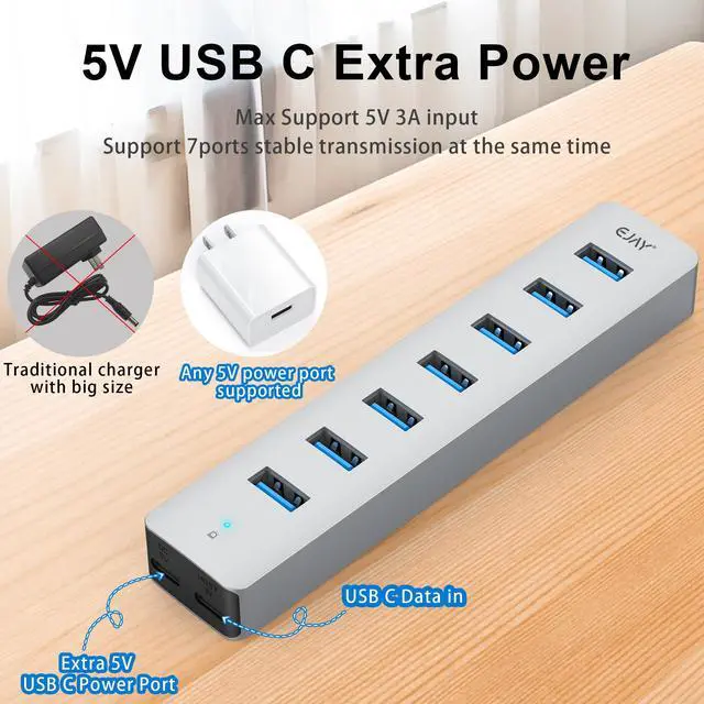 Alt view image 3 of 5 - EJAY 7-Port USB 3.0 Hub for PC with Power Adapter, Aluminum USB Splitter 5Gbps Data Transfer, 3.3ft Data & Power Cables for Laptop, Mac, Windows, Linux