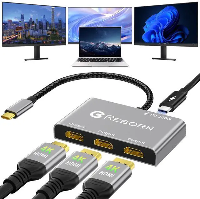 Main image of Reborn USB-C to 3 HDMI Adapter with 100W PD, 4K@60Hz USB Type-C to HDMI 1 in 3 Out Splitter for 3-Port USB-C Multi-Monitor Adapter, Compatible with PC/macOS/Linux and More