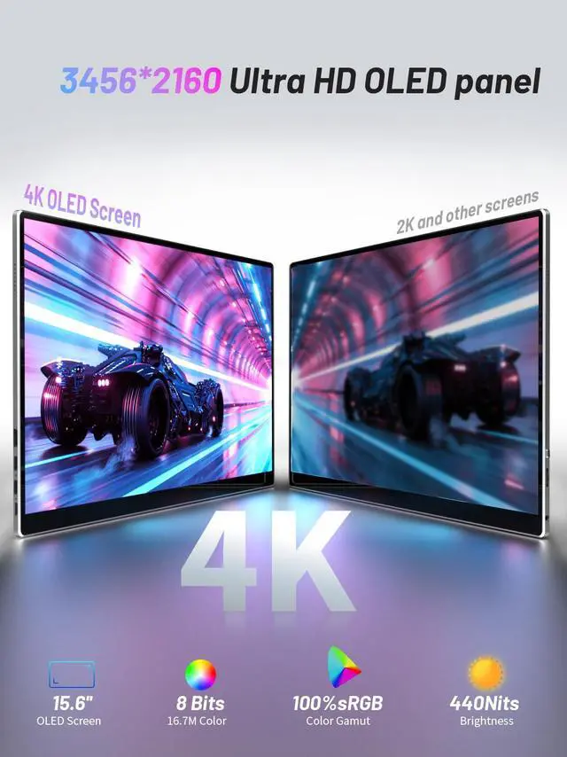 Alt view image 2 of 5 - sibolan 15.6 inch Portable Monitor Touch Screen 4K OLED 3456X2160 100% sRGB 100000:1 Multi-Touch USB-C HDMI Travel Monitor for PC Phone PS4/5 Xbox Switch with Case