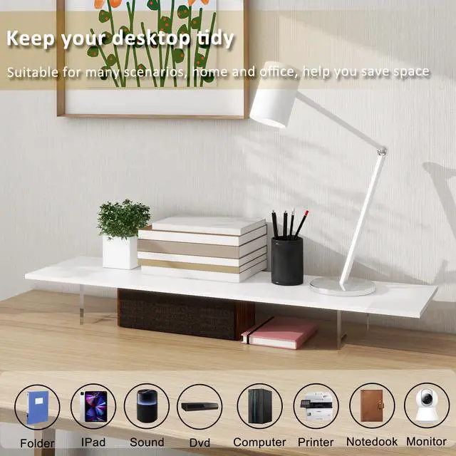 Alt view image 4 of 5 - LA QUEENIE Monitor Stand Riser,Wood & Acrylic Computer Monitor Stand with LED Light,Desk Accessories Desktop Organizer Stand for Computer,Laptop,Printer,PC & TV Screen Riser (All White)