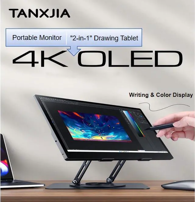 Alt view image 2 of 5 - TANXJIA Pro 15.6 4K OLED Portable Monitor Touchscreen with Exclusive Touch OSD Menu,10-bit 100% AdobeRGB,AES Stylus,Metal Rotating Stand & Smart Cover for Photography,Video Editing,Graphic Design