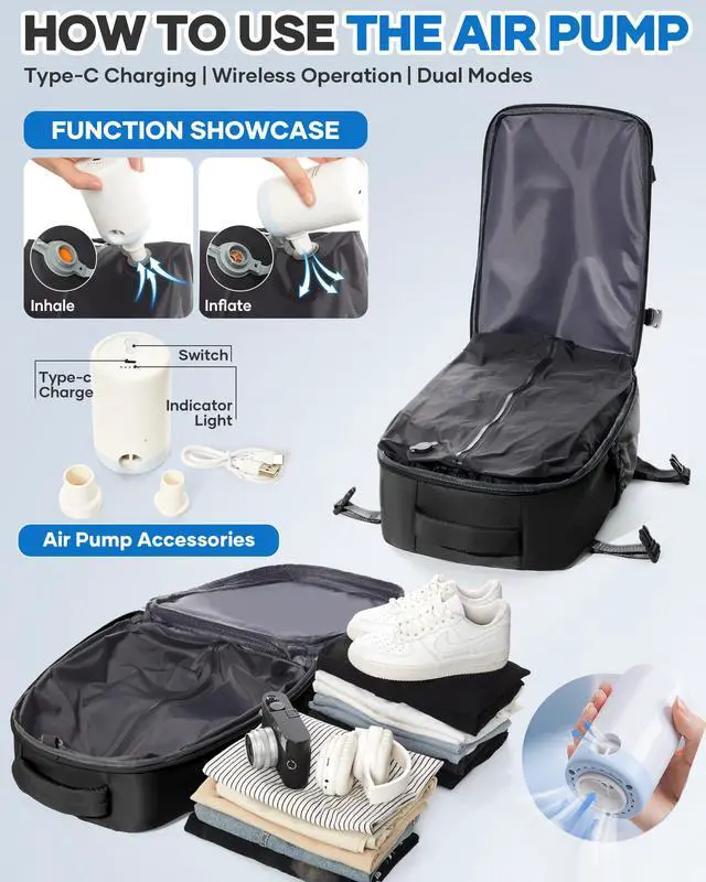 Alt view image 3 of 5 - KEYEMP Vacuum Seal Backpack for Clothing Travel with Air Pump Waterproof Laptop Carry On Backpack Personal item Travel Essentials Compression Space Saver Bags Storage with Vacuum System Women Black