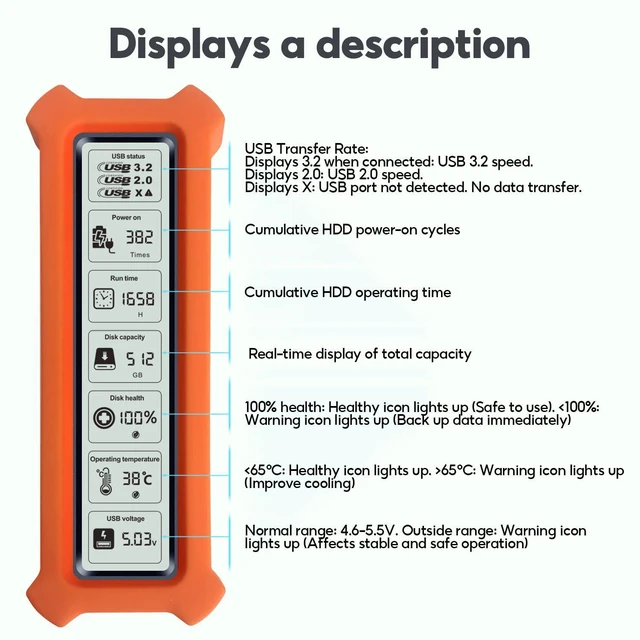 Alt view image 2 of 5 - ShuoLe M.2 NVMe/SATA SSD Enclosure with Live Health Screen - USB 3.2 Gen 2 10Gbps, Temp Monitor, UASP/Trim, Aluminum Finned Case for 2230/2242/2260/2280