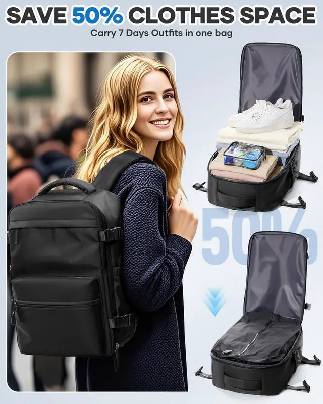 Alt view image 4 of 5 - KEYEMP Vacuum Seal Backpack for Clothing Travel with Air Pump Waterproof Laptop Carry On Backpack Personal item Travel Essentials Compression Space Saver Bags Storage with Vacuum System Women Black