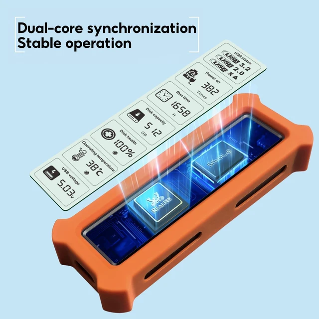 Alt view image 4 of 5 - ShuoLe M.2 NVMe/SATA SSD Enclosure with Live Health Screen - USB 3.2 Gen 2 10Gbps, Temp Monitor, UASP/Trim, Aluminum Finned Case for 2230/2242/2260/2280