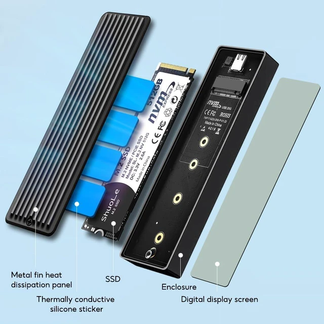 Alt view image 5 of 5 - ShuoLe M.2 NVMe/SATA SSD Enclosure with Live Health Screen - USB 3.2 Gen 2 10Gbps, Temp Monitor, UASP/Trim, Aluminum Finned Case for 2230/2242/2260/2280