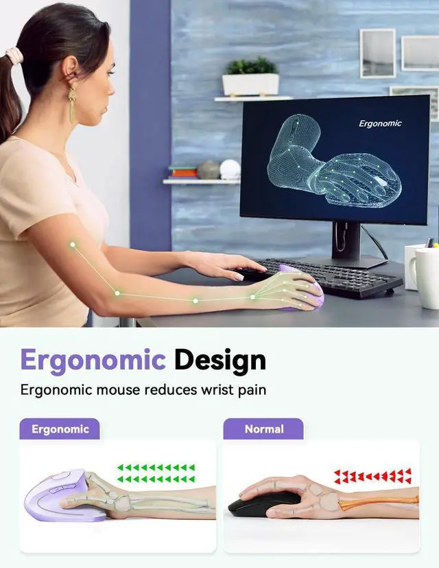 Alt view image 2 of 4 - TECKNET Ergonomic Mouse, 4800 DPI Wireless Vertical Mouse with 5 Adjustable DPI Levels, 2.4GHz Optical Carpal Tunnel Mouse, 6 Buttons Wireless Mouse for Laptop, Desktop, PC, MacBook - Light Purple