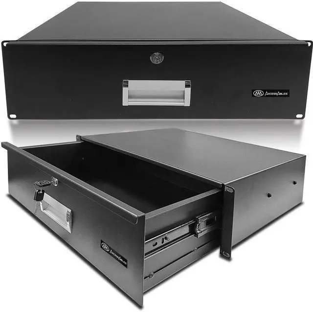 Main image of 3U Locking Rack Drawer by AxcessAbles | 15" Deep Secured Metal Server Rack Mount Storage Drawer | 45lb Capacity | Compatible with 19-Inch Rack-Mount Cases, Audio Video Equipment Cabinets (RKDRAWER3U)
