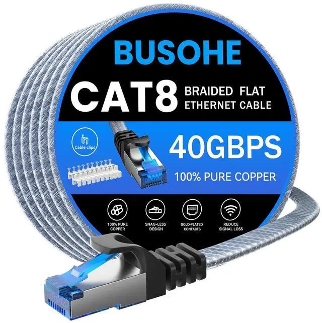 Main image of BUSOHE Cat 8 Ethernet Cable 100 ft, Nylon Braided High Speed Heavy Duty Network LAN Patch Cord, 40Gbps 2000Mhz SFTP Shielded RJ45 Flat Internet Cable for TV/PC/Router, in Wall, Indoor, Outdoor
