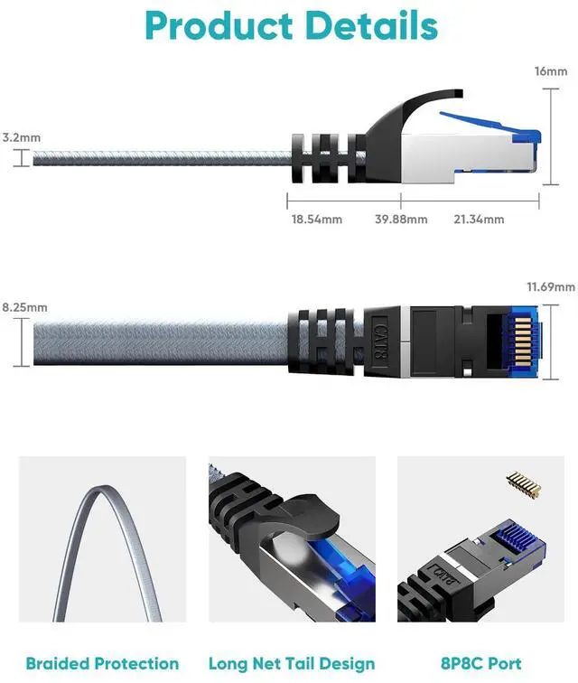 Alt view image 4 of 5 - BUSOHE Cat 8 Ethernet Cable 100 ft, Nylon Braided High Speed Heavy Duty Network LAN Patch Cord, 40Gbps 2000Mhz SFTP Shielded RJ45 Flat Internet Cable for TV/PC/Router, in Wall, Indoor, Outdoor