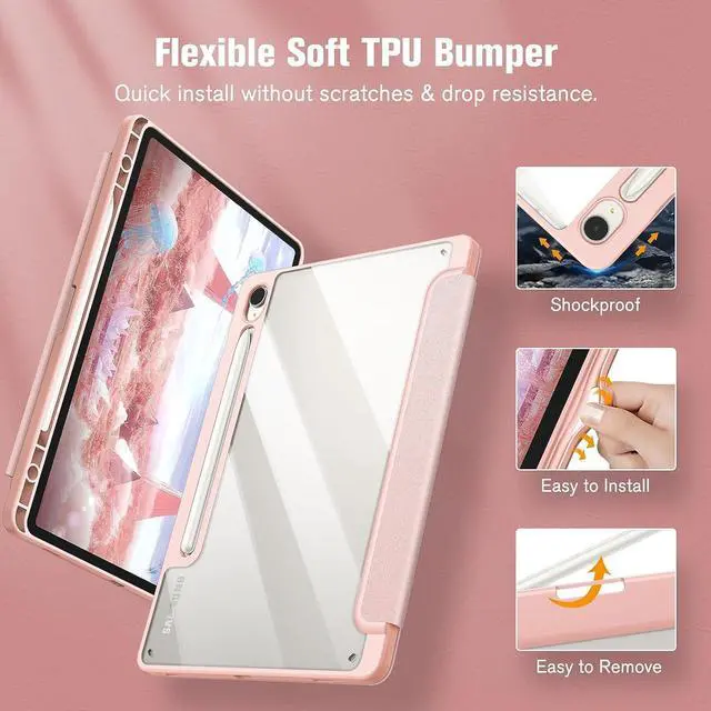 Alt view image 5 of 5 - MOOISVS Case for Galaxy Tab S10 Ultra,Hard Crystal Clear Back Shell and Flexible Soft TPU Bumper with Pen Holder-Slim Folding Stand Folio Cover Fits Galaxy Tab S10 Ultra with Auto Wake/Sleep,Pink