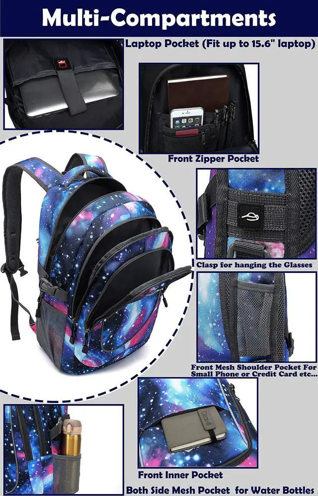 Alt view image 3 of 5 - Galaxy Backpack for College Sturdy Bookbag Travel Business with USB Charging Port Laptop compartment Chest Straps Anti Theft Night Light Reflective (Galaxy)