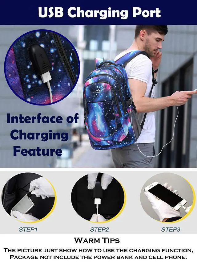 Alt view image 5 of 5 - Galaxy Backpack for College Sturdy Bookbag Travel Business with USB Charging Port Laptop compartment Chest Straps Anti Theft Night Light Reflective (Galaxy)