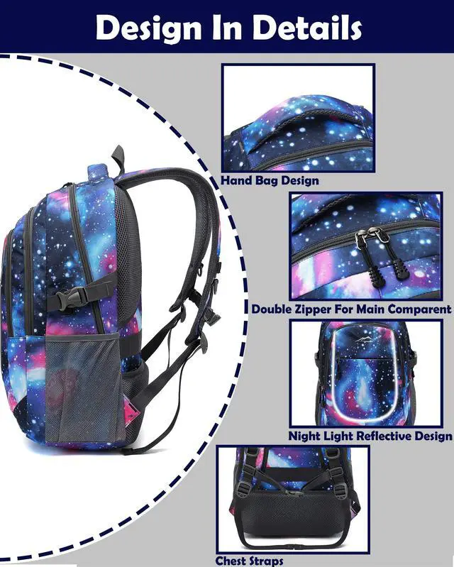 Alt view image 4 of 5 - Galaxy Backpack for College Sturdy Bookbag Travel Business with USB Charging Port Laptop compartment Chest Straps Anti Theft Night Light Reflective (Galaxy)