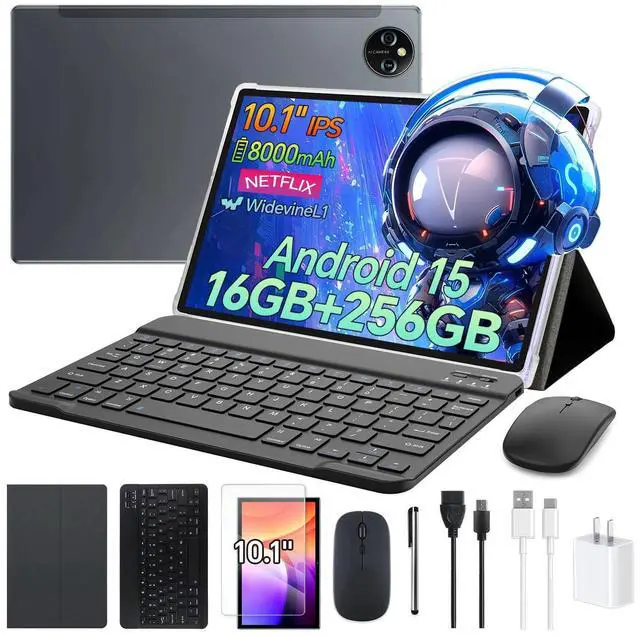 Main image of Tablet 10.1inch Android 15 with Keyboard,Octa-Core Tablets, 16GB RAM 256GB Storage 1TB Expandable, 13MP Dual Cameras 5MP Front,8000mAh,GPS,WiFi 5 BT5.0 with Case, Mouse & Stylus M6- Titanium Gray