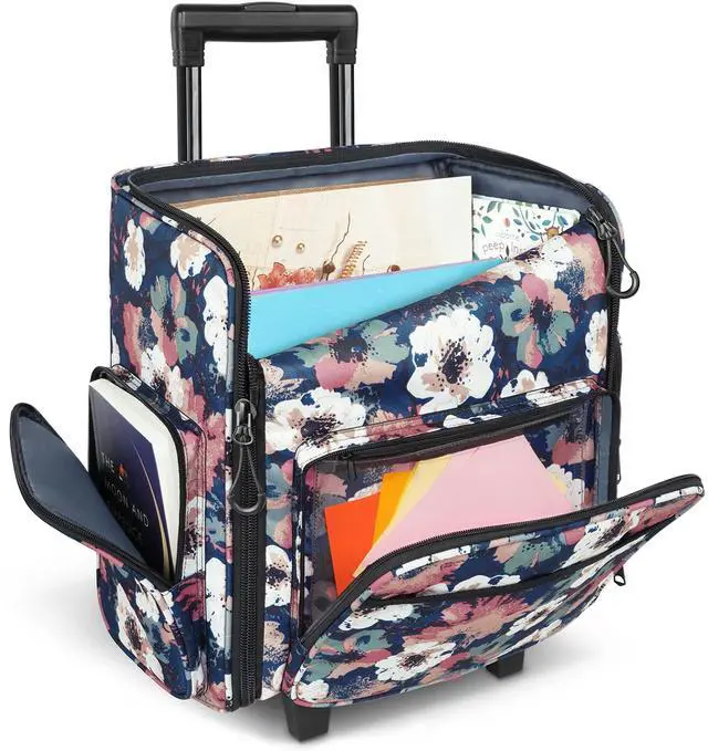 Main image of YOREPEK Rolling Craft Bag, Large Roller Scrapbook Tote with Wheels, Water Resistant Scrapbooking Storage Organizer for Scrap Book Stickers Supplies and Tools, Gift for Crafter Artist Teacher, Floral