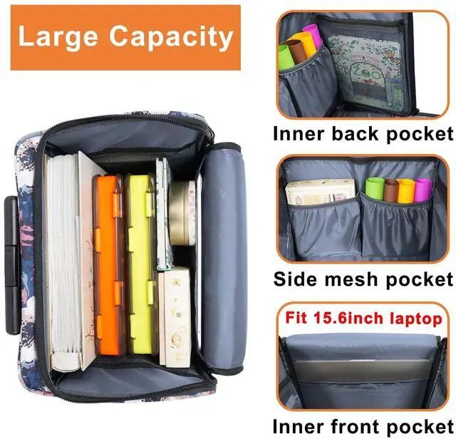 Alt view image 4 of 5 - YOREPEK Rolling Craft Bag, Large Roller Scrapbook Tote with Wheels, Water Resistant Scrapbooking Storage Organizer for Scrap Book Stickers Supplies and Tools, Gift for Crafter Artist Teacher, Floral