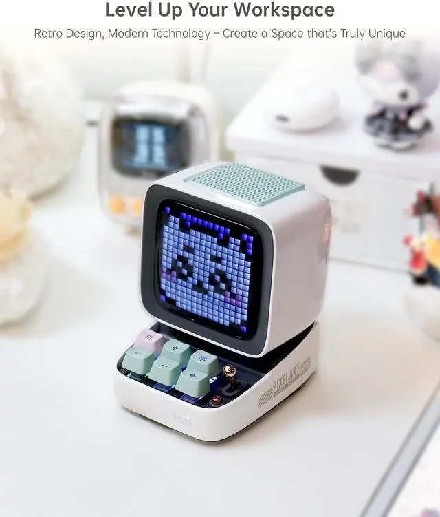 Alt view image 5 of 5 - Divoom Ditoopro Pixel Art Speaker with LED Display, Portable Bluetooth Speaker, Smart Alarm Clocks, Retro Aesthetic Decor for Kitchen, Bedroom, Office, White