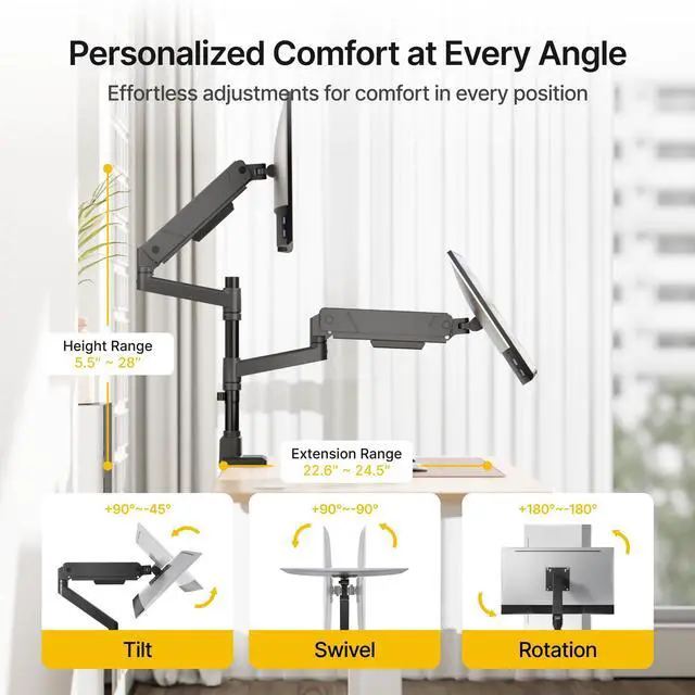 Alt view image 2 of 5 - monTEK Dual Monitor Mount Tall Monitor arms for 2 Monitors for 17 to 35 Inch Curved Screen Holds 35 Lbs Adjustable Heavy Duty Monitor Desk Mount Cable Management, VESA 75/100mm, MA1007PBK-D