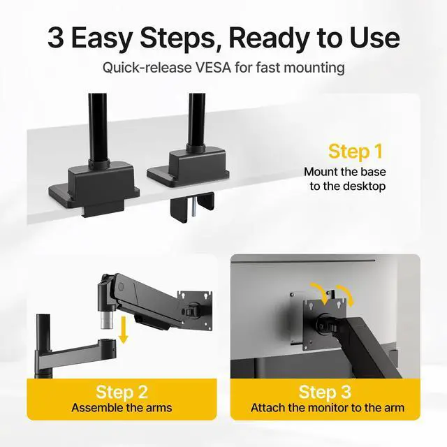 Alt view image 5 of 5 - monTEK Dual Monitor Mount Tall Monitor arms for 2 Monitors for 17 to 35 Inch Curved Screen Holds 35 Lbs Adjustable Heavy Duty Monitor Desk Mount Cable Management, VESA 75/100mm, MA1007PBK-D